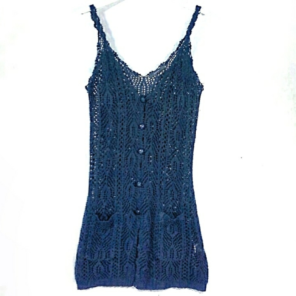 Nexus - stone blue crochet sleeveless cardigan